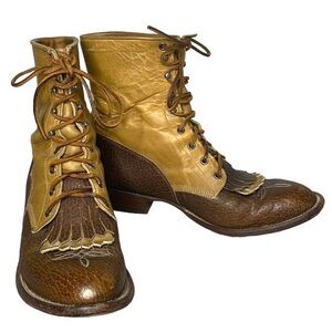 (ON HOLD) JUSTIN MENS LACE UP ROPERS 2 TONE DOUBLE KILTIE WESTERN BOOTS SZ 11 D